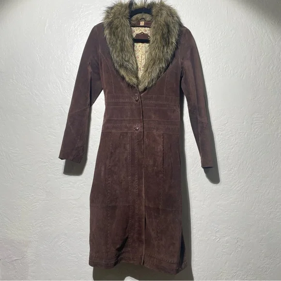 Wilsons Leather suede Brown Trench Coat with Faux Fur Collar - Picture 8 of 12